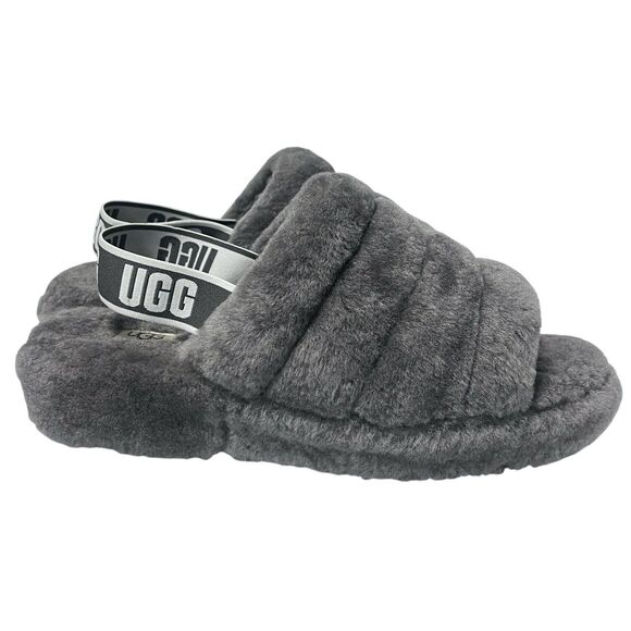 UGG Fluff Yeah Slide Fur Slippers Charcoal Grey Slingback Plush Women’s Size 11 - Picture 5 of 10